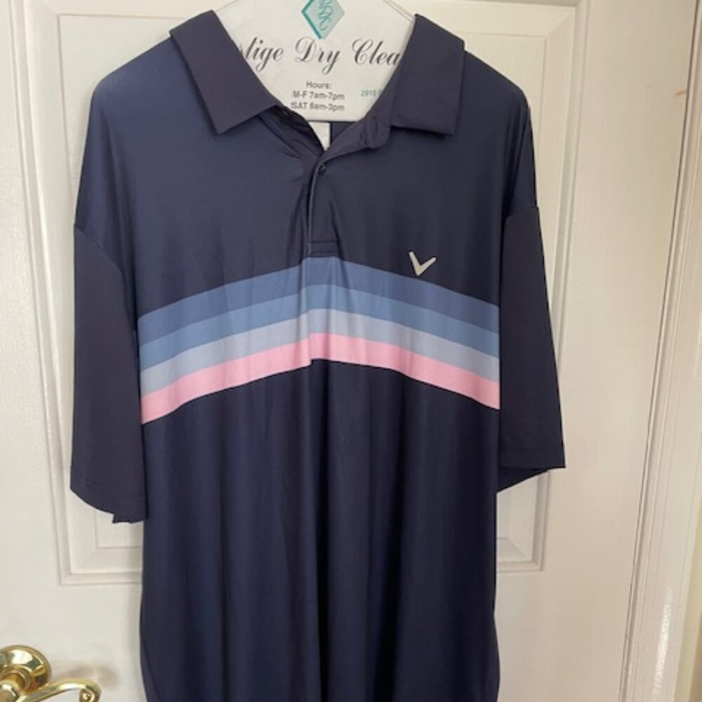 Callaway Opti-Dri Navy Blue Golf Polo Shirt with blue and pink stripes, XL